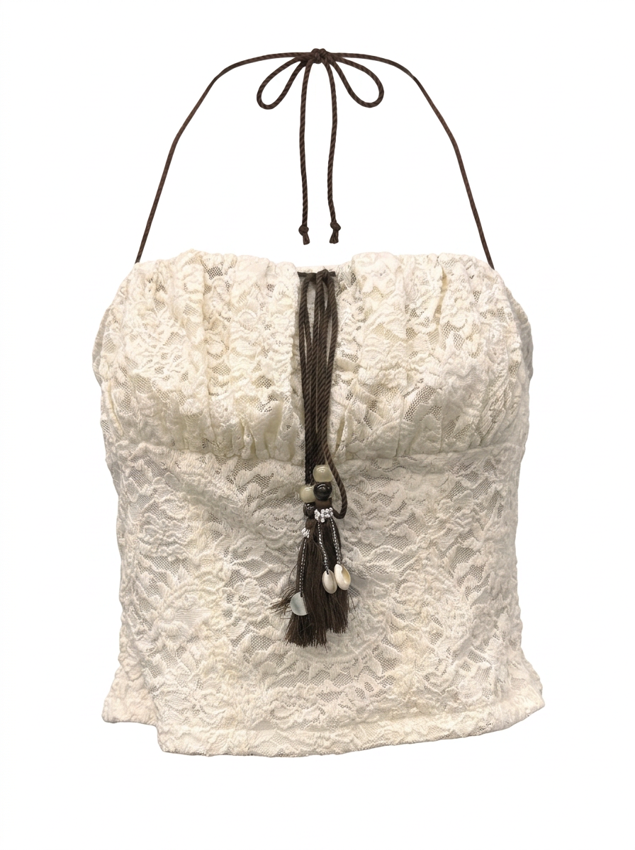 Ghost mannequin product image of a ivory CONTRAST TIES LACE OVERLAY ELASTIC BUST TOP on a white background.