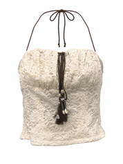 Ghost mannequin product image of a ivory CONTRAST TIES LACE OVERLAY ELASTIC BUST TOP on a white background.