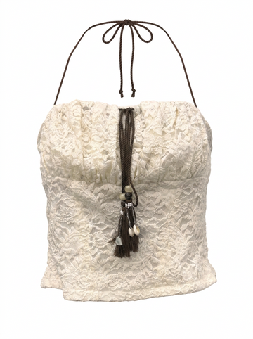 Ghost mannequin product image of a ivory CONTRAST TIES LACE OVERLAY ELASTIC BUST TOP on a white background.