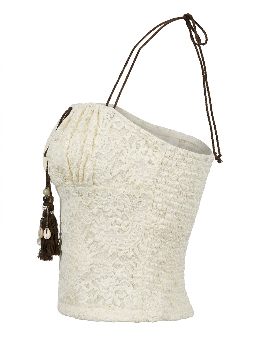 Ghost mannequin product image of a ivory CONTRAST TIES LACE OVERLAY ELASTIC BUST TOP on a white background.
