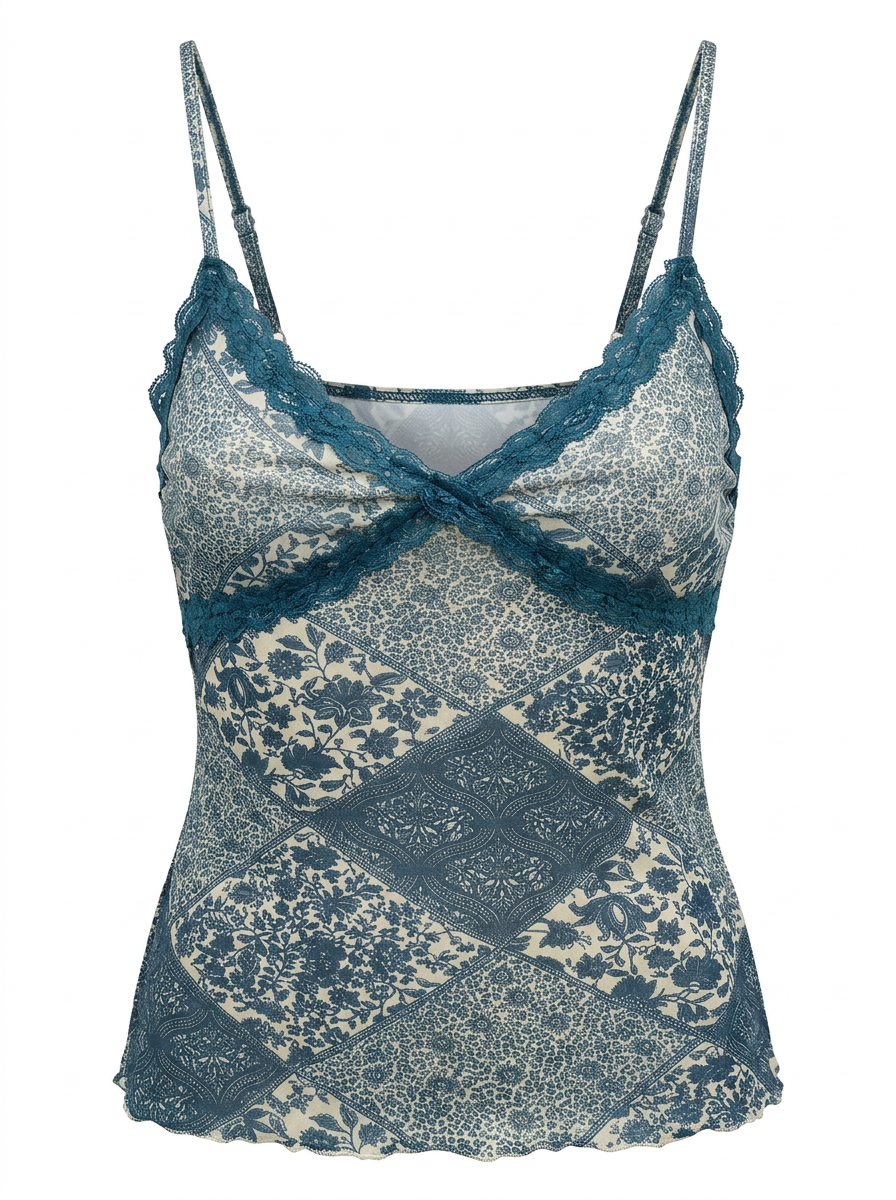 Ghost mannequin product image of a green FLORAL & PAISLEY PRINT CAMI TOP WITH LACE TRIM on a white background.