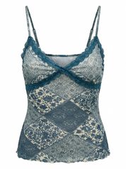 Ghost mannequin product image of a green FLORAL & PAISLEY PRINT CAMI TOP WITH LACE TRIM on a white background.