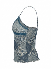 Ghost mannequin product image of a green FLORAL & PAISLEY PRINT CAMI TOP WITH LACE TRIM on a white background.