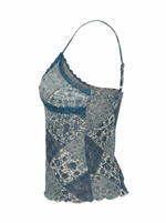 Ghost mannequin product image of a green FLORAL & PAISLEY PRINT CAMI TOP WITH LACE TRIM on a white background.