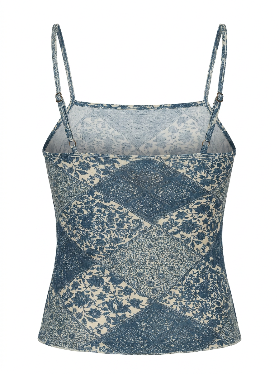 Ghost mannequin product image of a green FLORAL & PAISLEY PRINT CAMI TOP WITH LACE TRIM on a white background.