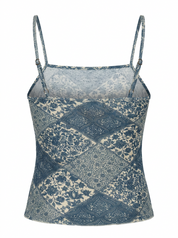 Ghost mannequin product image of a green FLORAL & PAISLEY PRINT CAMI TOP WITH LACE TRIM on a white background.