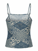 Ghost mannequin product image of a green FLORAL & PAISLEY PRINT CAMI TOP WITH LACE TRIM on a white background.