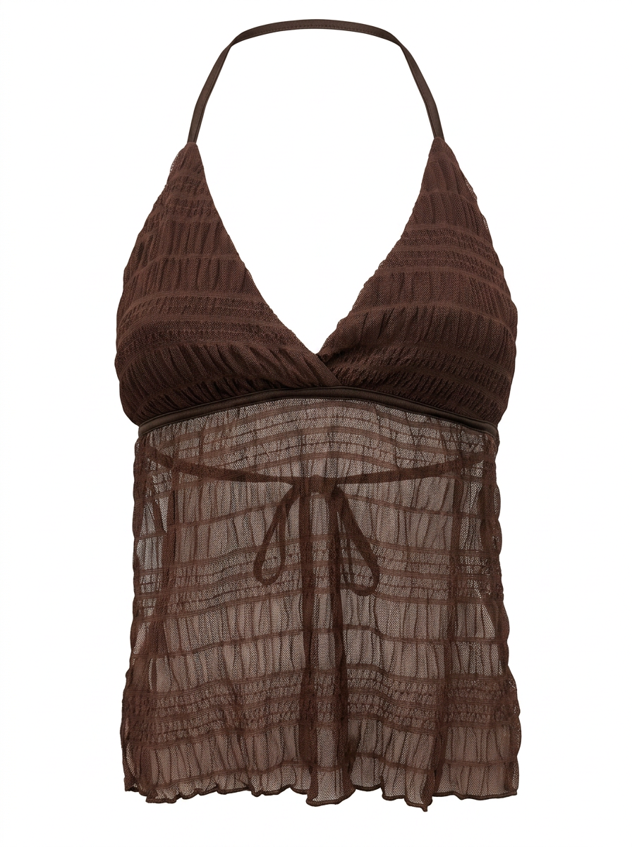 Ghost mannequin product image of a brown TIE NECK TRIANGLE CUP SHEER BODICE SMOCKED TOP on a white background.