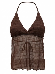 Ghost mannequin product image of a brown TIE NECK TRIANGLE CUP SHEER BODICE SMOCKED TOP on a white background.