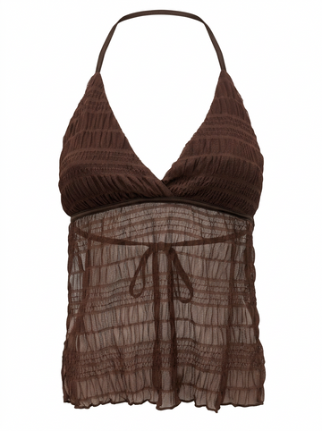 Ghost mannequin product image of a brown TIE NECK TRIANGLE CUP SHEER BODICE SMOCKED TOP on a white background.