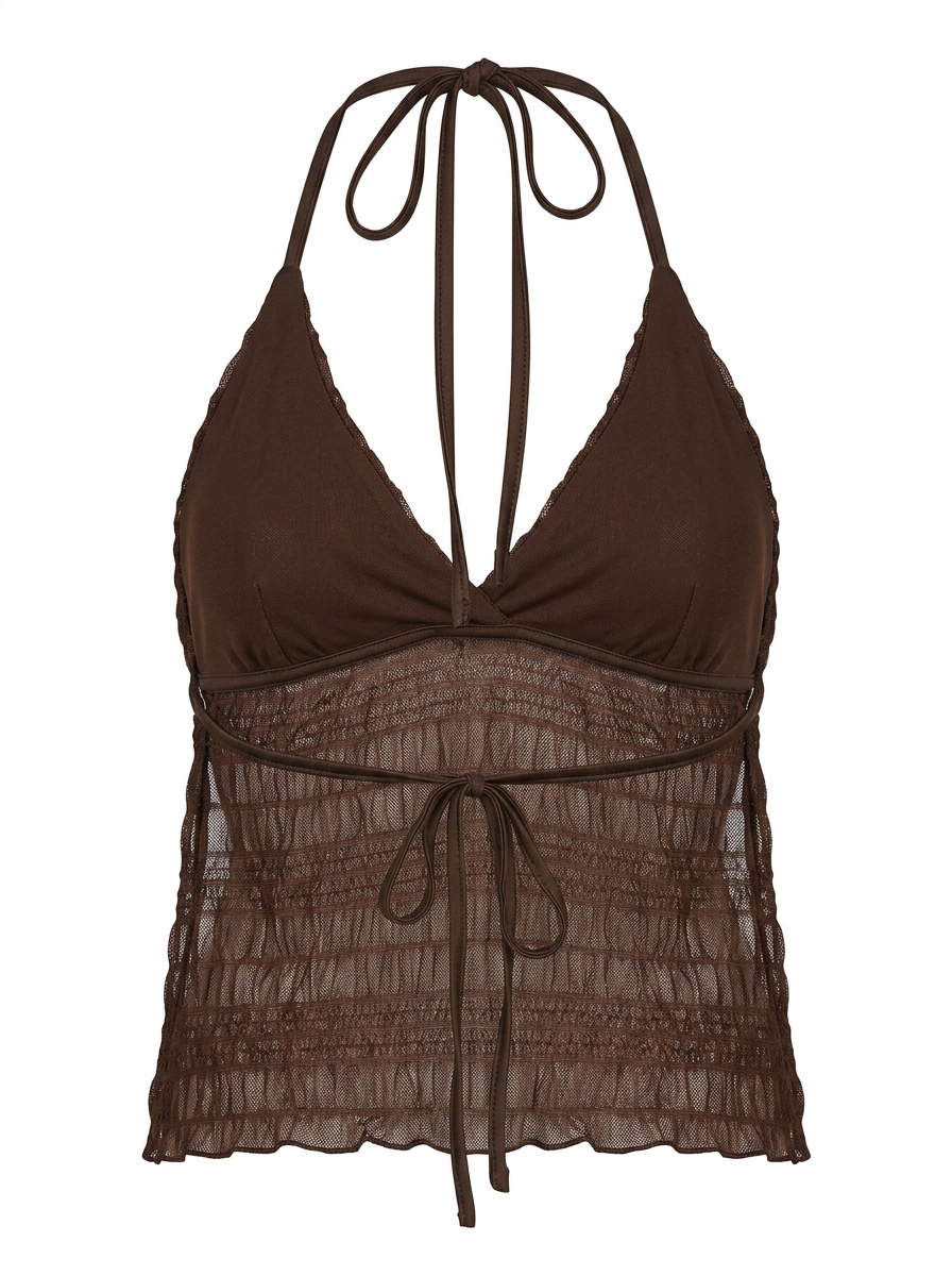 Ghost mannequin product image of a brown TIE NECK TRIANGLE CUP SHEER BODICE SMOCKED TOP on a white background.
