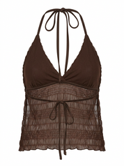Ghost mannequin product image of a brown TIE NECK TRIANGLE CUP SHEER BODICE SMOCKED TOP on a white background.
