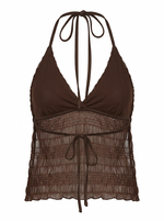 Ghost mannequin product image of a brown TIE NECK TRIANGLE CUP SHEER BODICE SMOCKED TOP on a white background.
