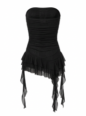 STRAPLESS ASYMMETRIC RUFFLE HEM TOP WITH LONG RUFFLES