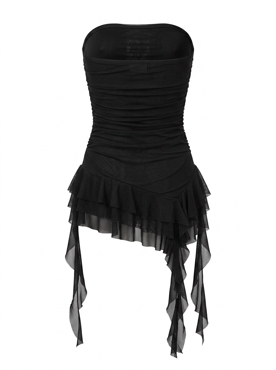 STRAPLESS ASYMMETRIC RUFFLE HEM TOP WITH LONG RUFFLES
