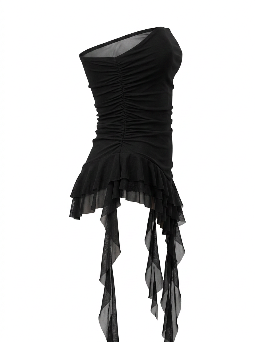 STRAPLESS ASYMMETRIC RUFFLE HEM TOP WITH LONG RUFFLES