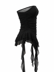 STRAPLESS ASYMMETRIC RUFFLE HEM TOP WITH LONG RUFFLES