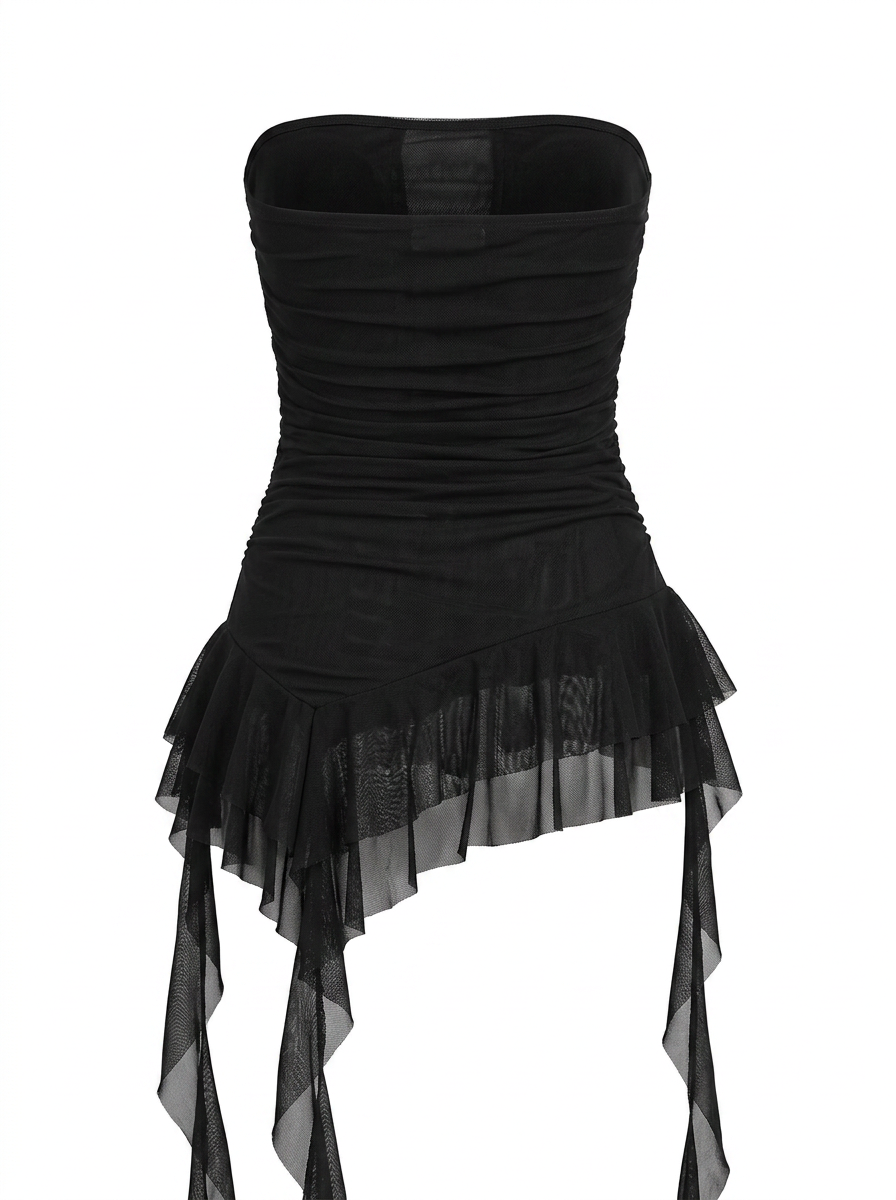 STRAPLESS ASYMMETRIC RUFFLE HEM TOP WITH LONG RUFFLES