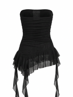 STRAPLESS ASYMMETRIC RUFFLE HEM TOP WITH LONG RUFFLES