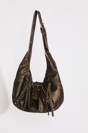 STUDDED CRESCENT SLOUCHY LEATHER SHOULDER BAG on a white background.