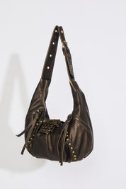 STUDDED CRESCENT SLOUCHY LEATHER SHOULDER BAG on a white background.