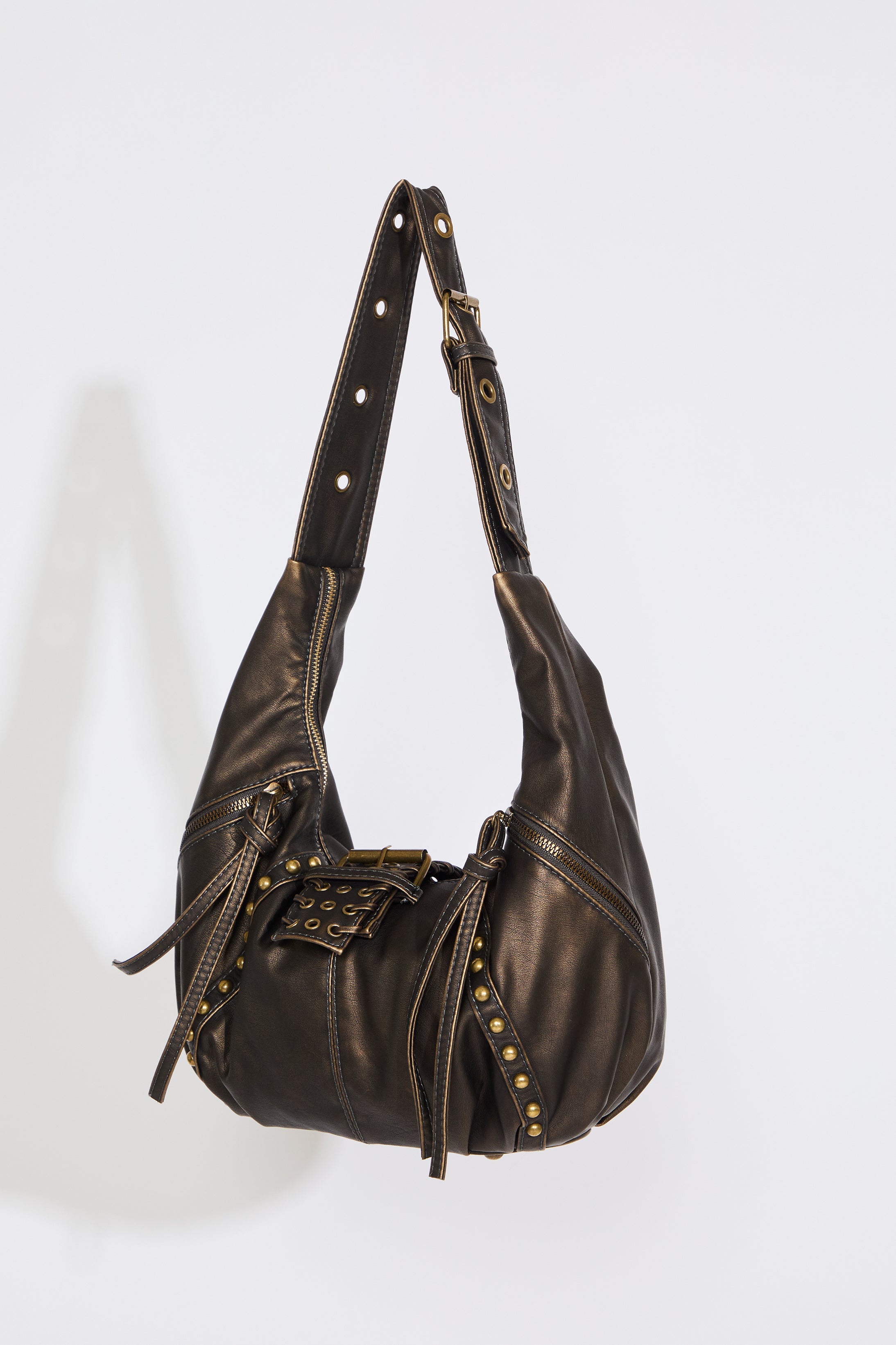 STUDDED CRESCENT SLOUCHY LEATHER SHOULDER BAG on a white background.