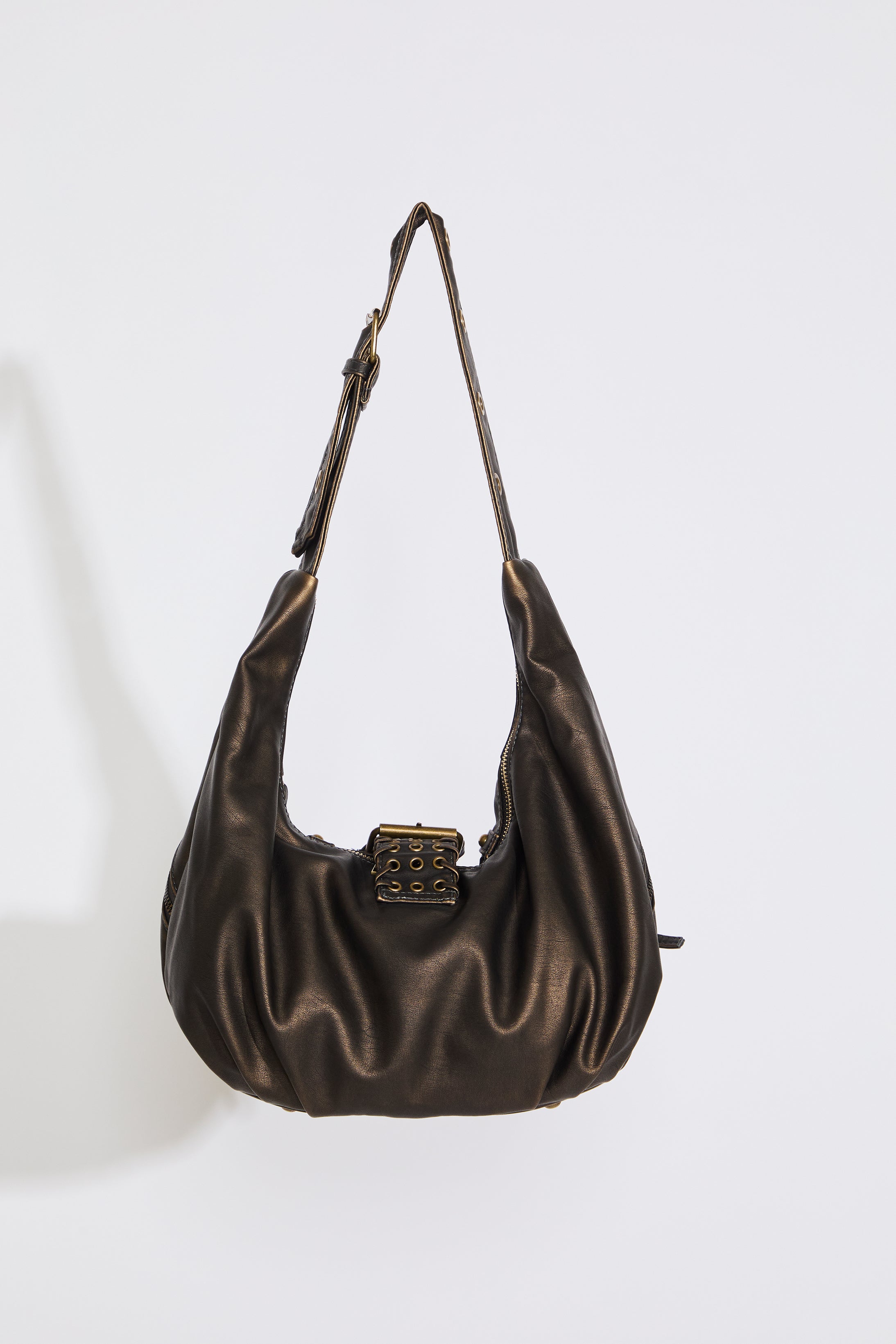 STUDDED CRESCENT SLOUCHY LEATHER SHOULDER BAG on a white background.