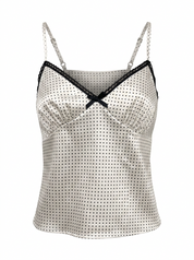 Ghost mannequin product image of a white DELICATE BOW ACCENT CHECKERED CAMISOLE TOP on a white background.