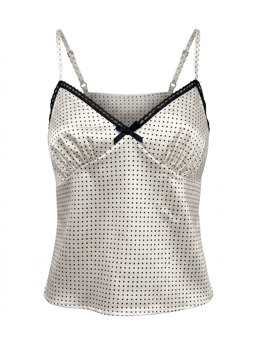 Ghost mannequin product image of a white DELICATE BOW ACCENT CHECKERED CAMISOLE TOP on a white background.