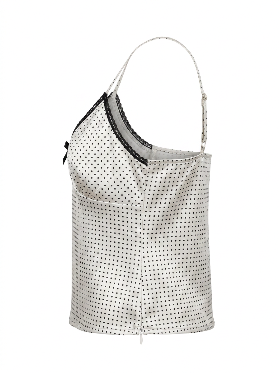 Ghost mannequin product image of a white DELICATE BOW ACCENT CHECKERED CAMISOLE TOP on a white background.