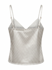 Ghost mannequin product image of a white DELICATE BOW ACCENT CHECKERED CAMISOLE TOP on a white background.