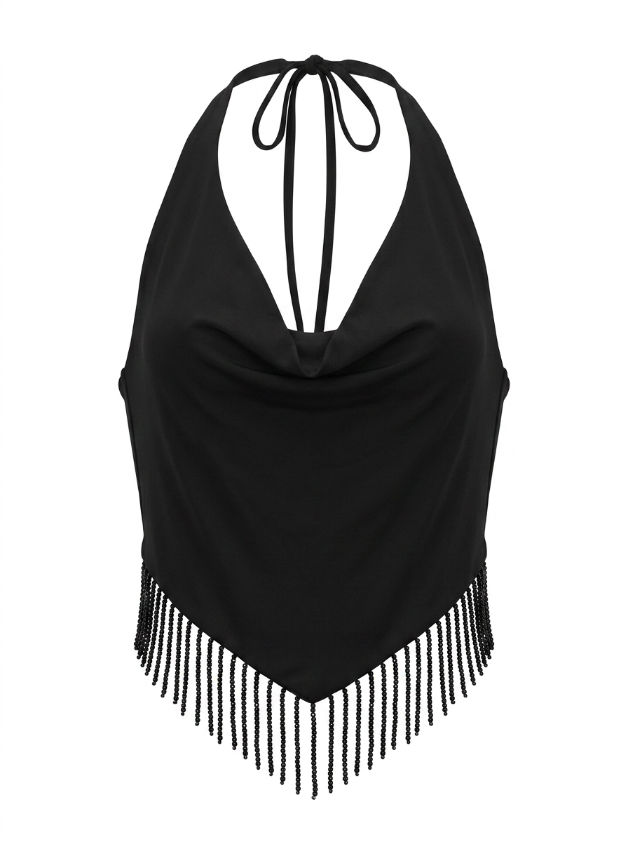 Ghost mannequin product image of a black FRINGE HEM HALTER NECK TOP on a white background.