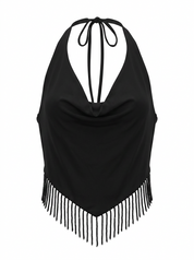 Ghost mannequin product image of a black FRINGE HEM HALTER NECK TOP on a white background.