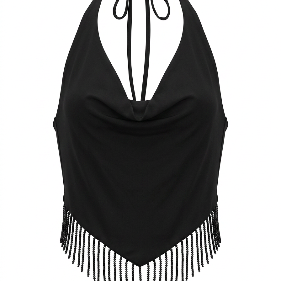 Ghost mannequin product image of a black FRINGE HEM HALTER NECK TOP on a white background.