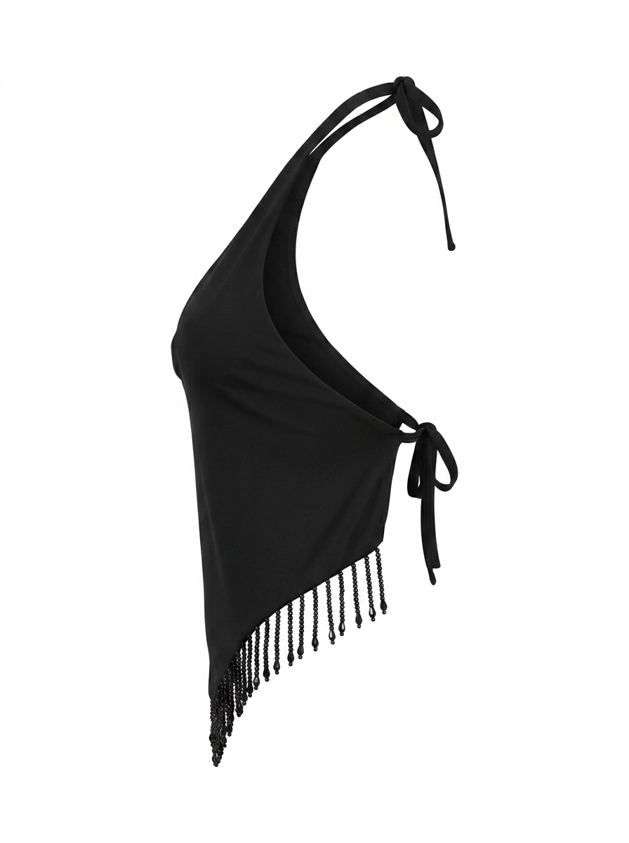 Ghost mannequin product image of a black FRINGE HEM HALTER NECK TOP on a white background.