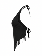 Ghost mannequin product image of a black FRINGE HEM HALTER NECK TOP on a white background.