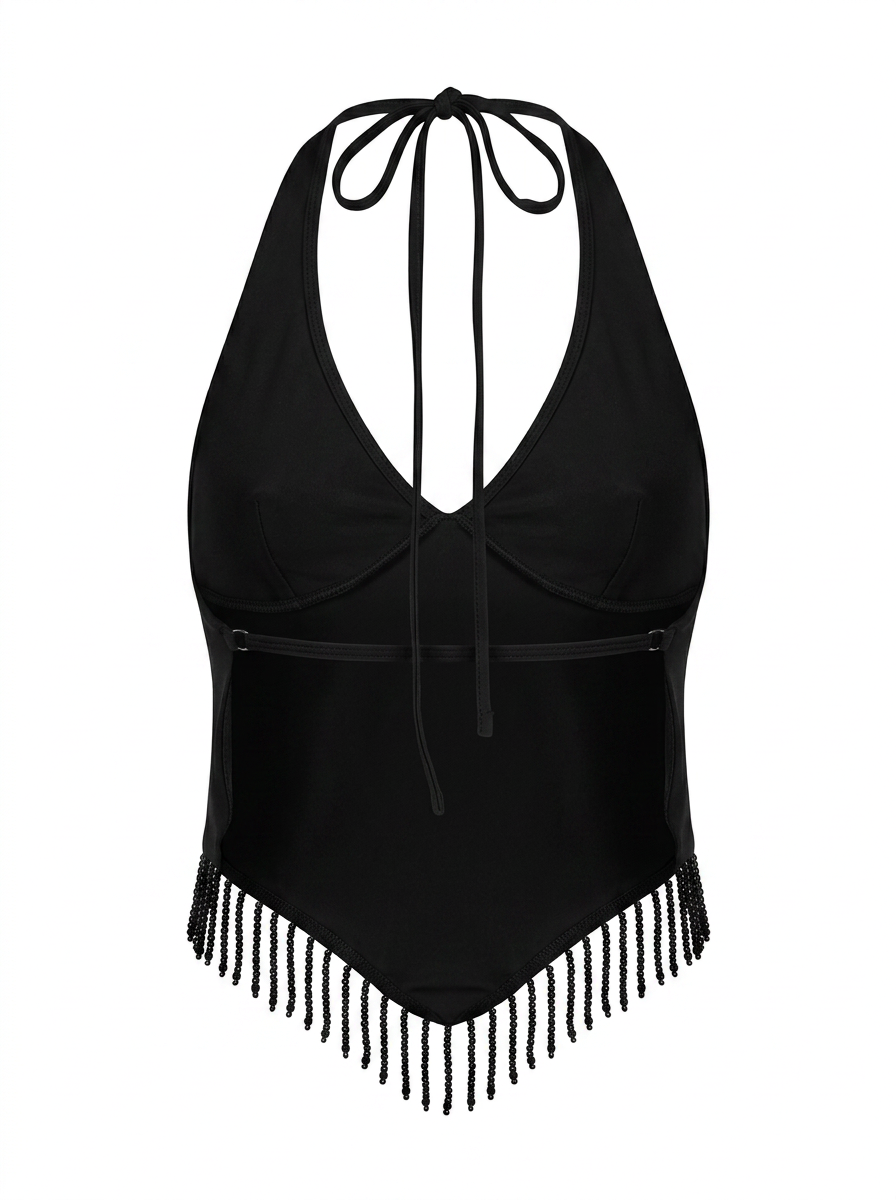 Ghost mannequin product image of a black FRINGE HEM HALTER NECK TOP on a white background.