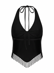 Ghost mannequin product image of a black FRINGE HEM HALTER NECK TOP on a white background.