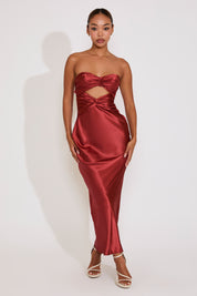 STRAPLESS TWIST FRONT SATIN MAXI DRESS WITH CUTOUT