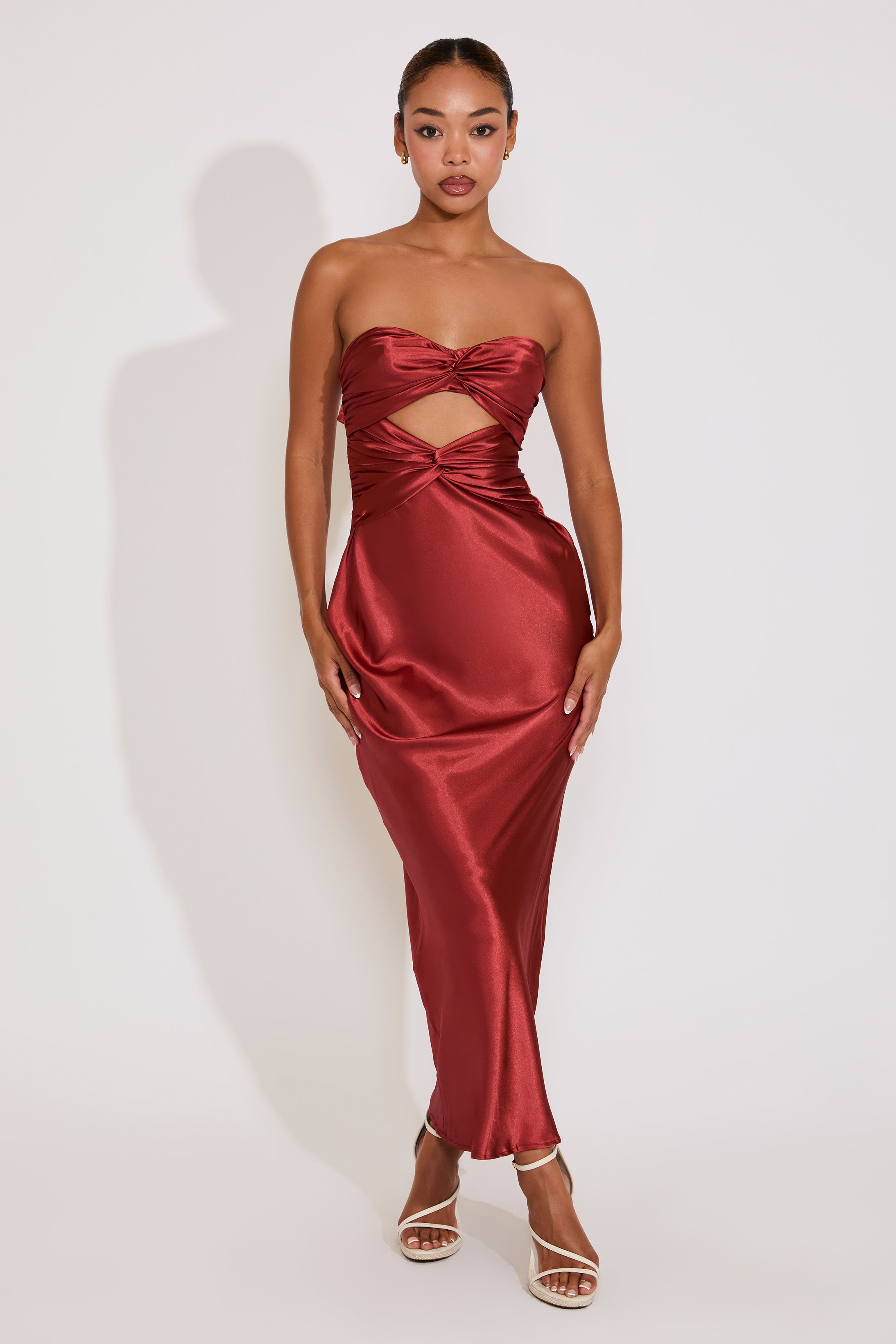 STRAPLESS TWIST FRONT SATIN MAXI DRESS WITH CUTOUT