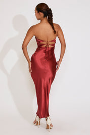 STRAPLESS TWIST FRONT SATIN MAXI DRESS WITH CUTOUT
