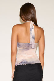 WATERCOLOR HALTER NECK LAYERED LETTUCE HEM TOP