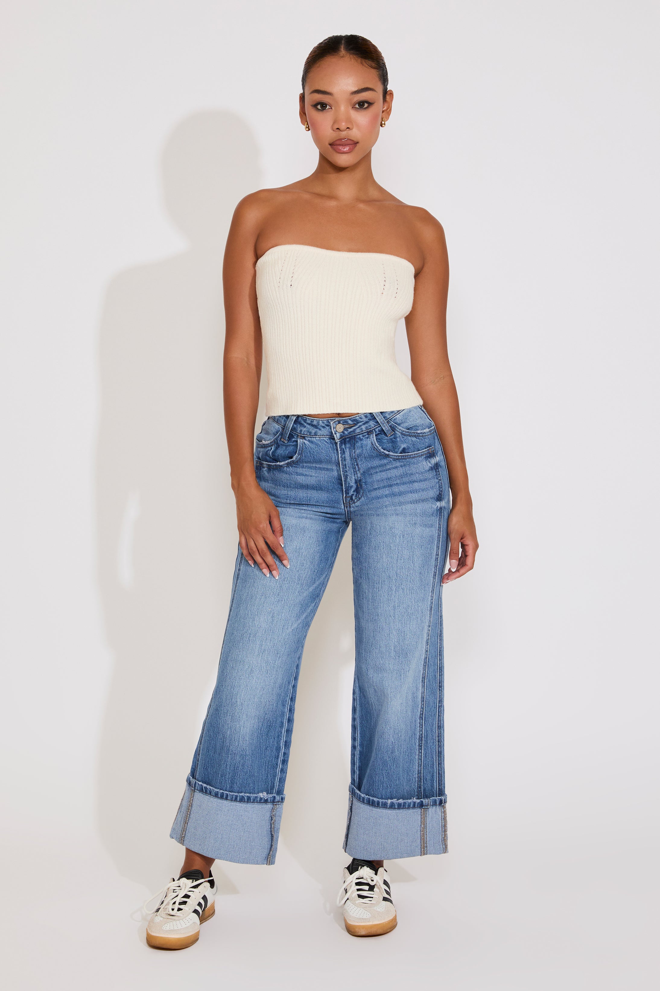 SUPER HIGH RISE CUFFED BAGGY WIDE LEG DENIM PANT