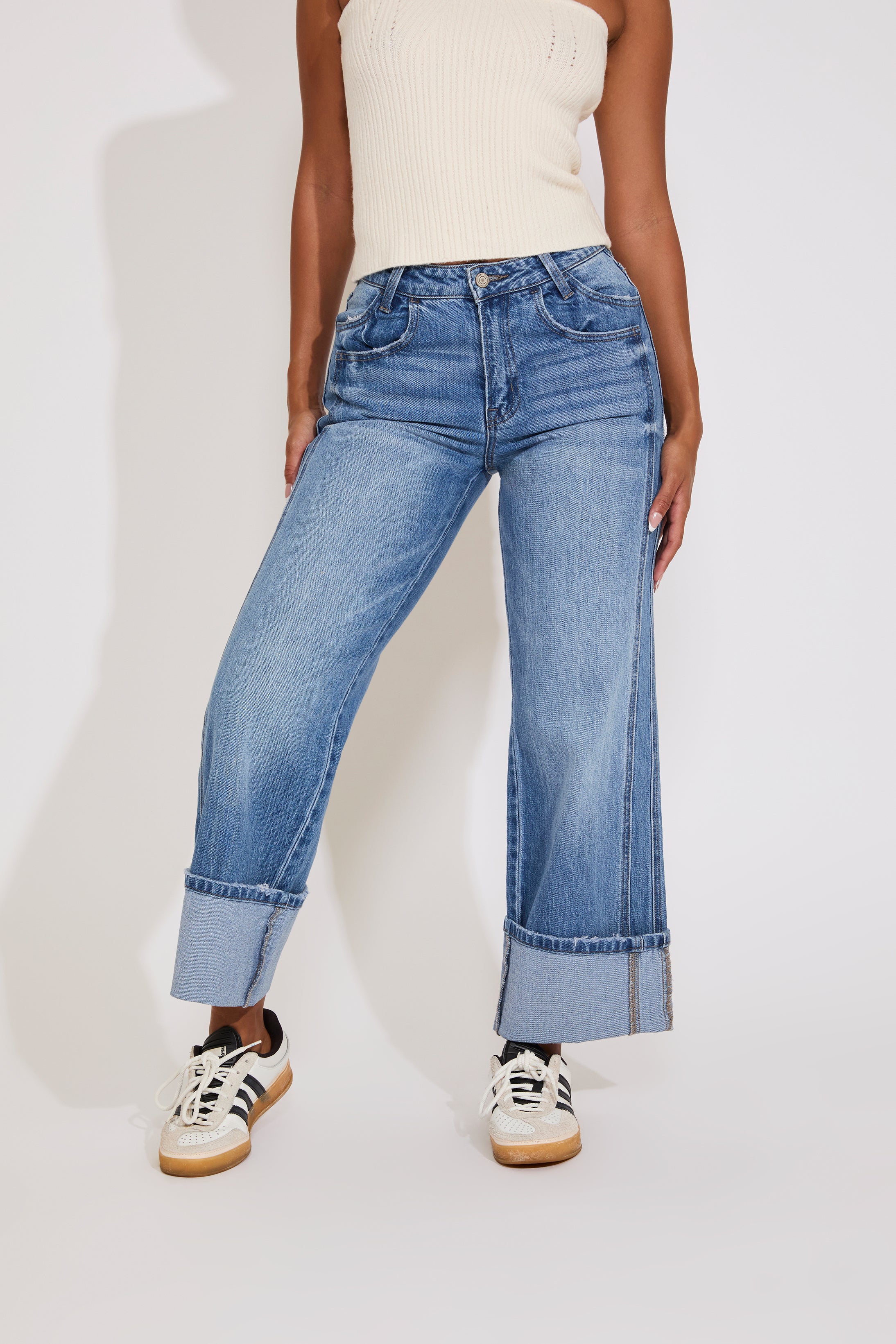 SUPER HIGH RISE CUFFED BAGGY WIDE LEG DENIM PANT