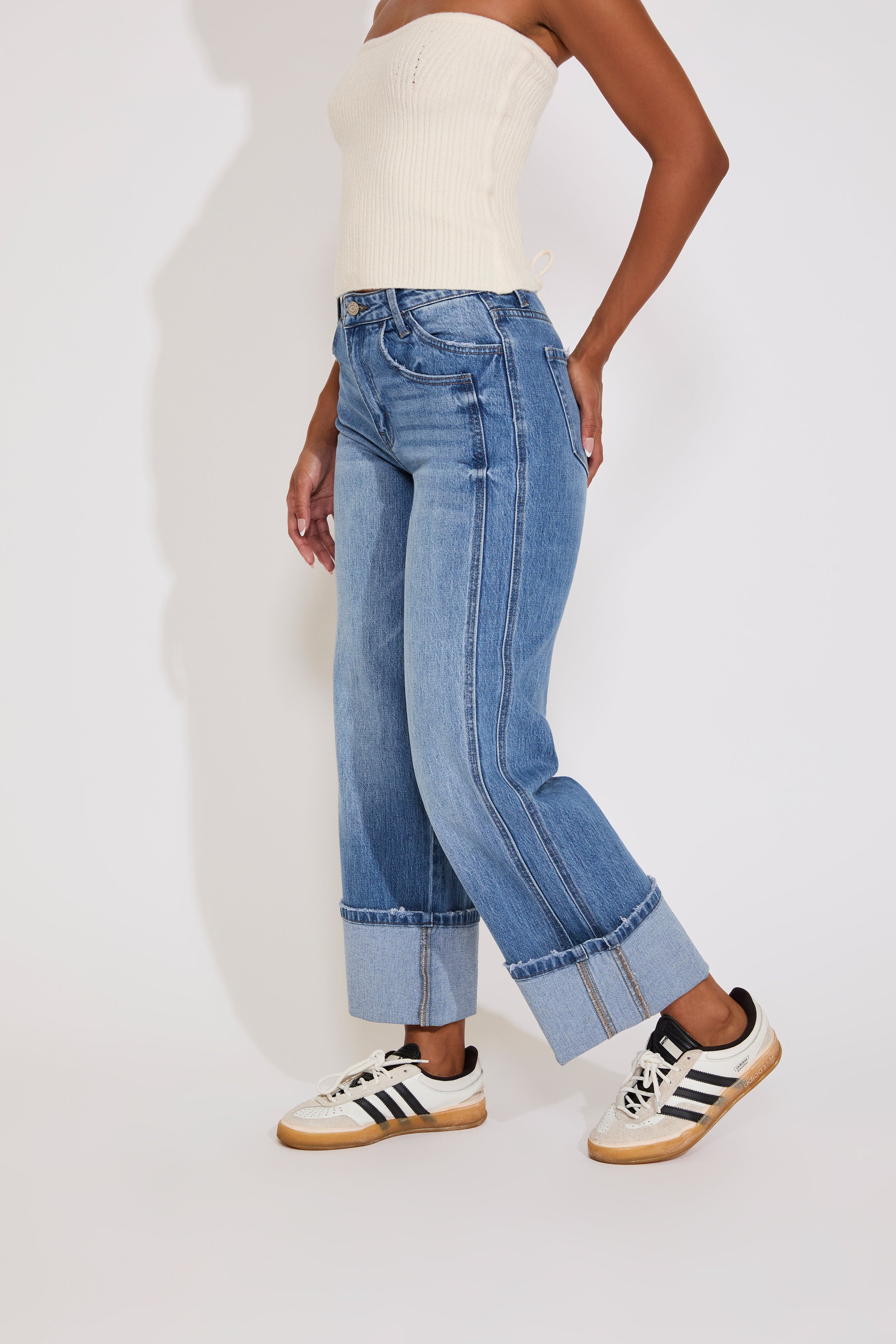 SUPER HIGH RISE CUFFED BAGGY WIDE LEG DENIM PANT
