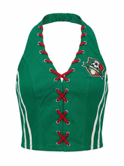 Ghost mannequin product image of a green CONTRAST BLANKET STITCHING MEXICO HALTER TOP on a white background.