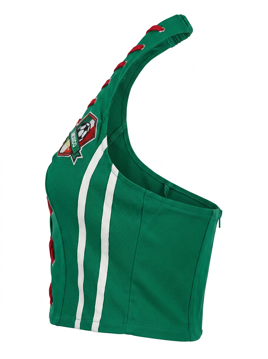 Ghost mannequin product image of a green CONTRAST BLANKET STITCHING MEXICO HALTER TOP on a white background.