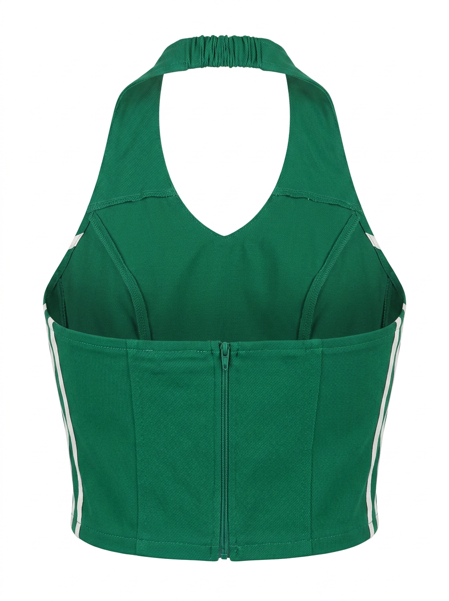 Ghost mannequin product image of a green CONTRAST BLANKET STITCHING MEXICO HALTER TOP on a white background.
