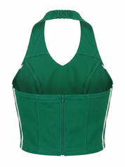 Ghost mannequin product image of a green CONTRAST BLANKET STITCHING MEXICO HALTER TOP on a white background.