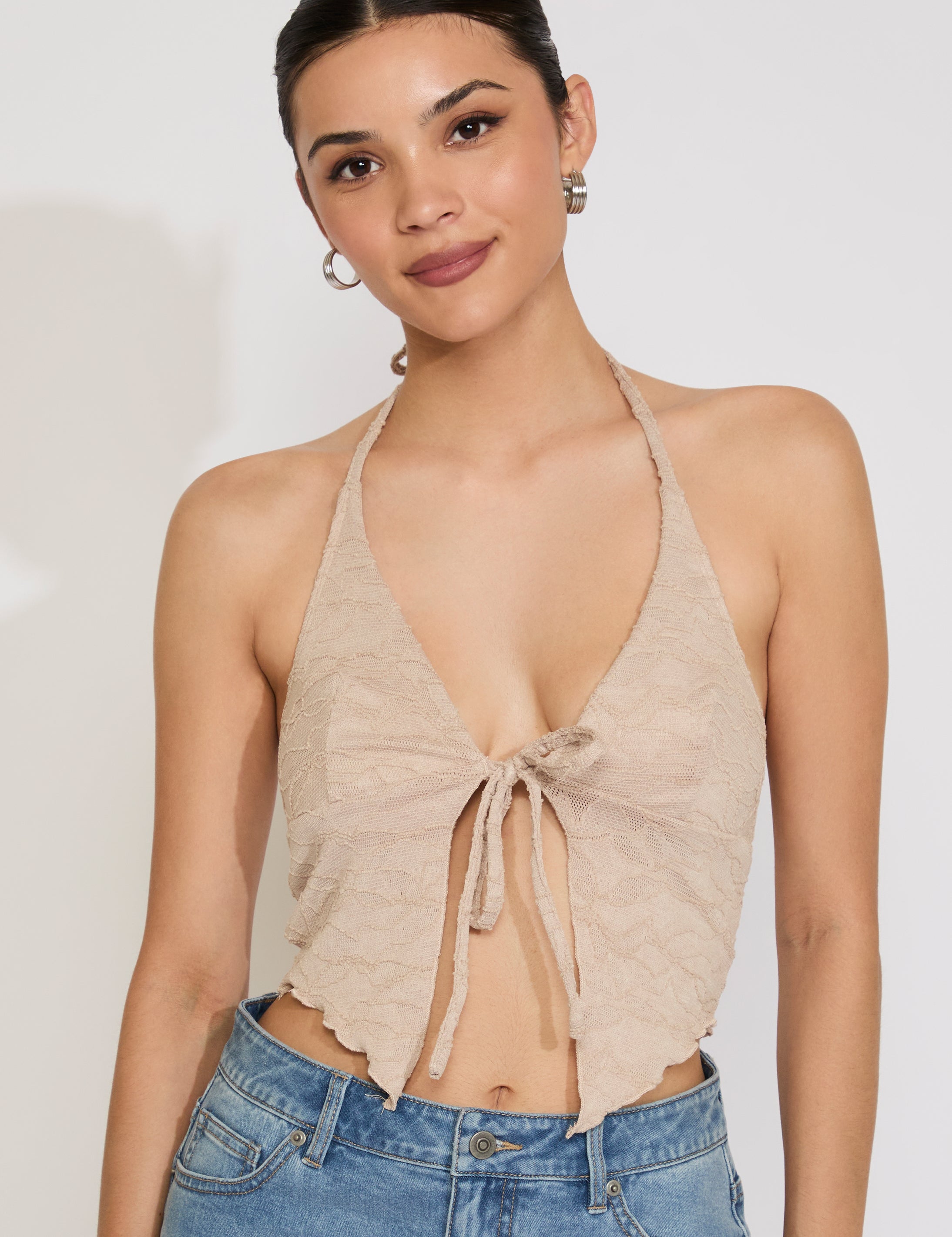 LACE HALTER TIE FRONT TOP